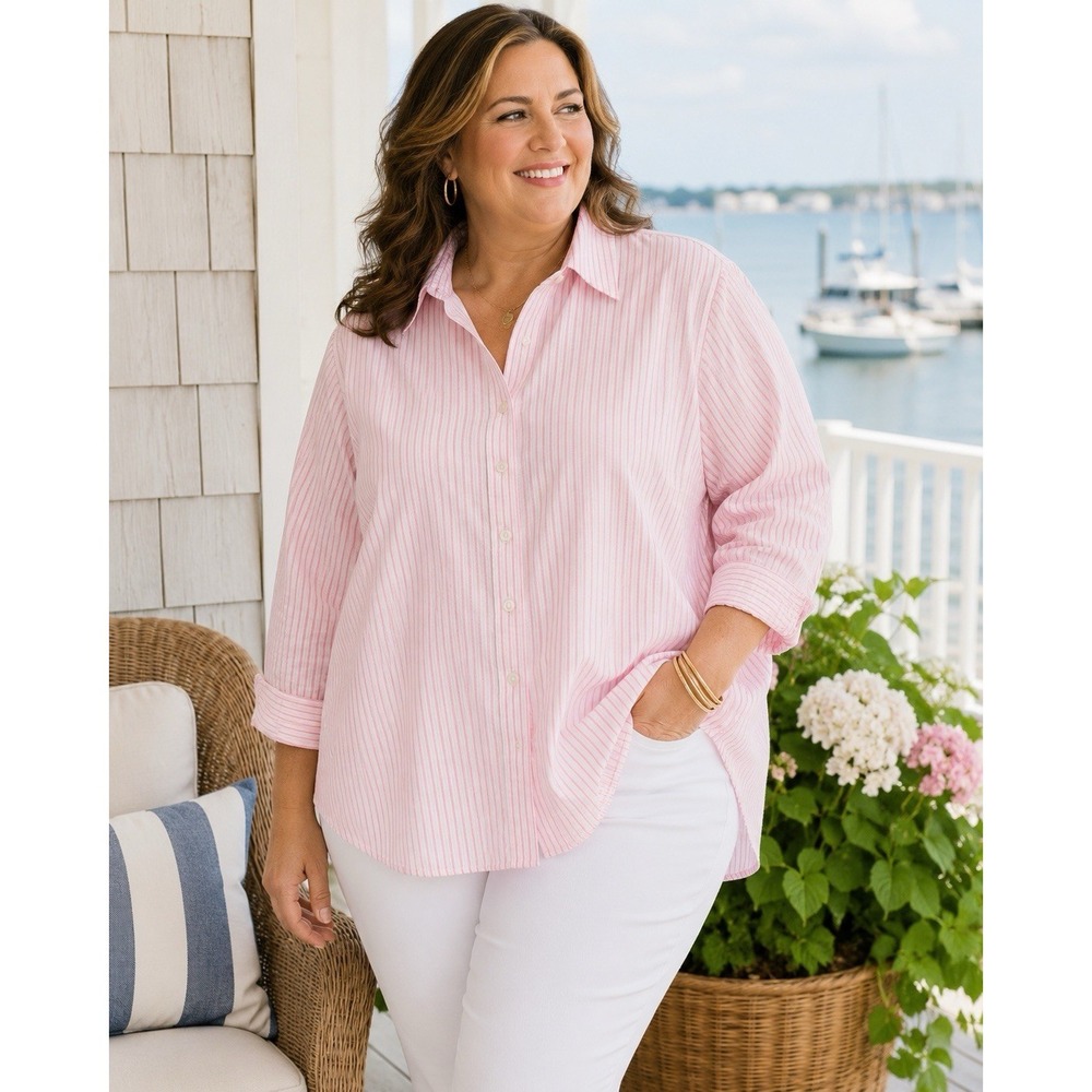 Lands End Womens Seersucker Shirt 3X (24-26W) Pink WhiteStripe Button Up Casual